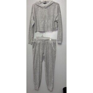 Ambiance Women's Junior's Med  Casual Lounge Crop Hoodie, Jogger Sweat Set Gray
